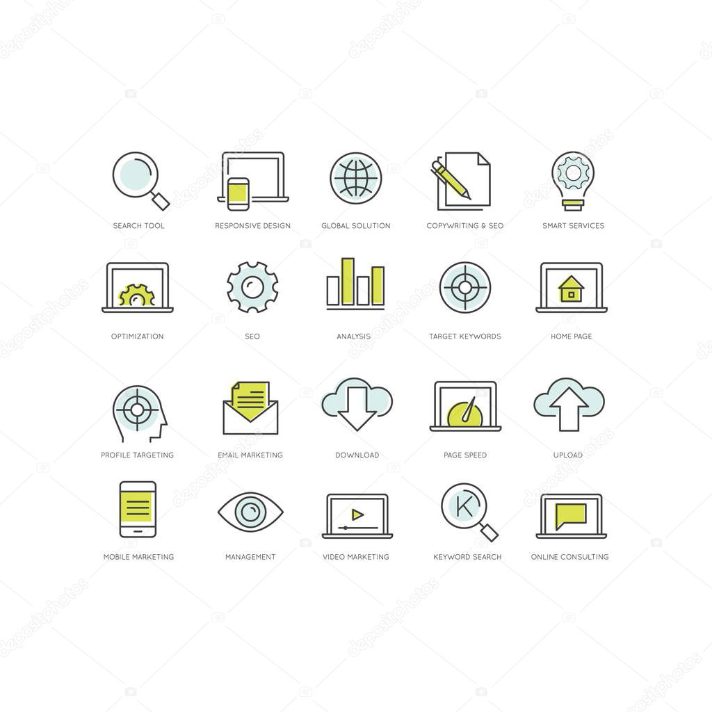 Vector Icon Style Illustration Set of SEO Search Engine Optimisation and Social Network Media Marketing Concept
