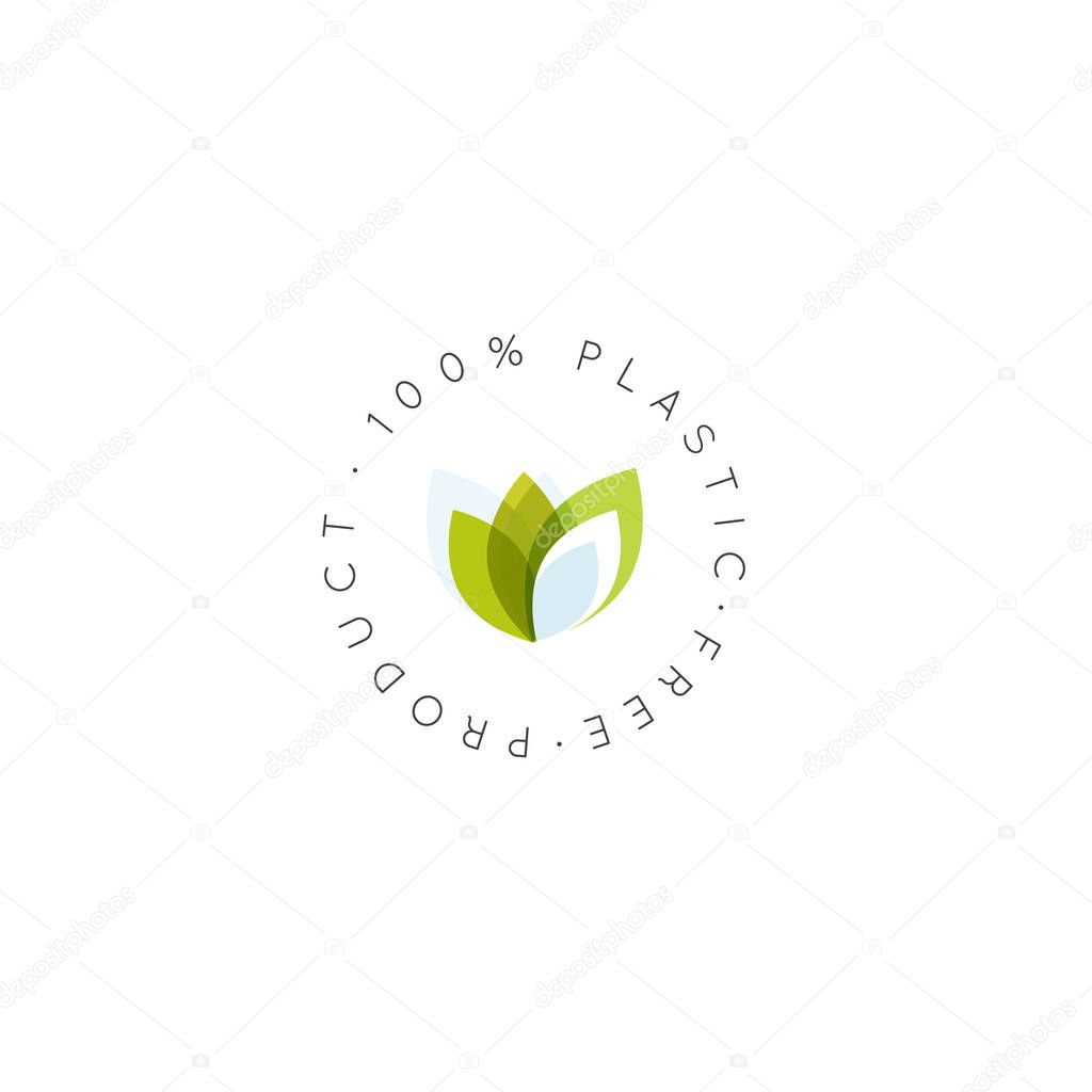 Isolated Vector Style Illustration Logo Set Badge Vegan Friendly, Fresh Eco Product, Bio Ingredient Label Badge with Leaf, 100 Percent Plastic free biodegradable Concept 