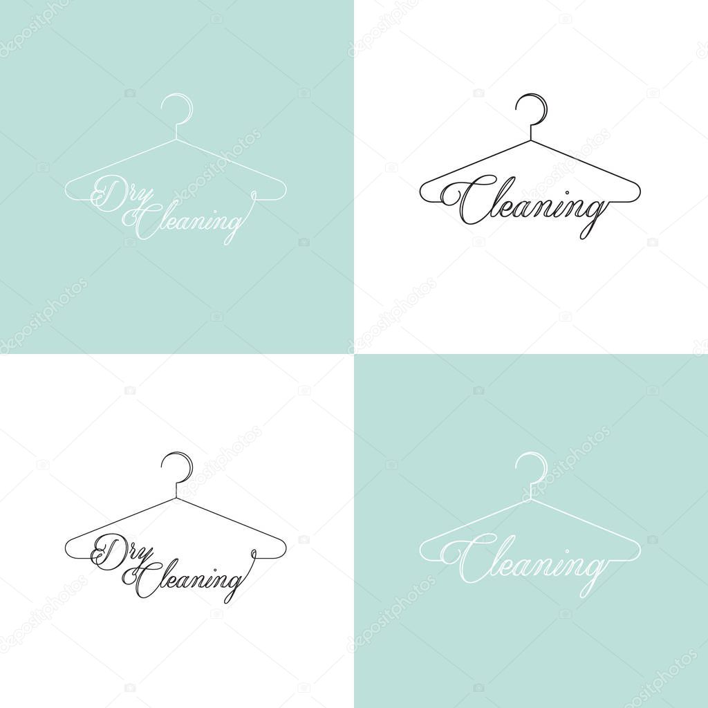 Vector Icon Style Illustration Logo Set of Dry Cleaning and Laundry Service Company, Minimalistic Simple Hanger Outline Picture with Rounded Text Font, Isolated Symbol for Web, Mobile App, Visual Identity