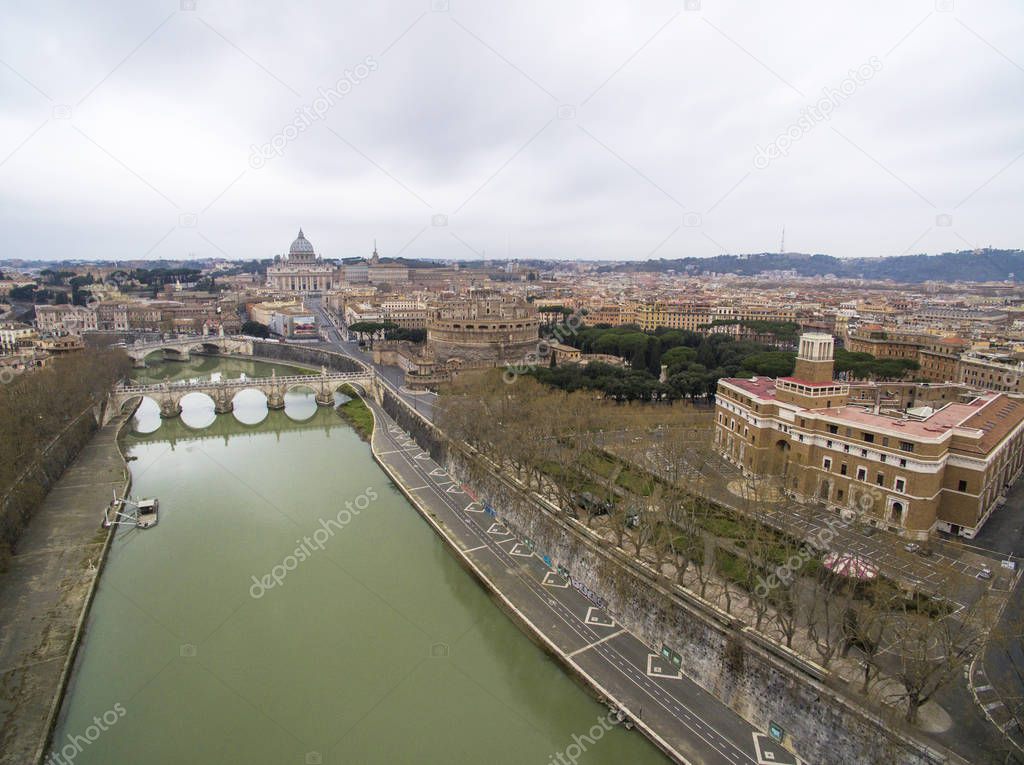 Beautiful aerial view over the City of Rome, Vatican, Castel Sant Angelo fortress and bridge