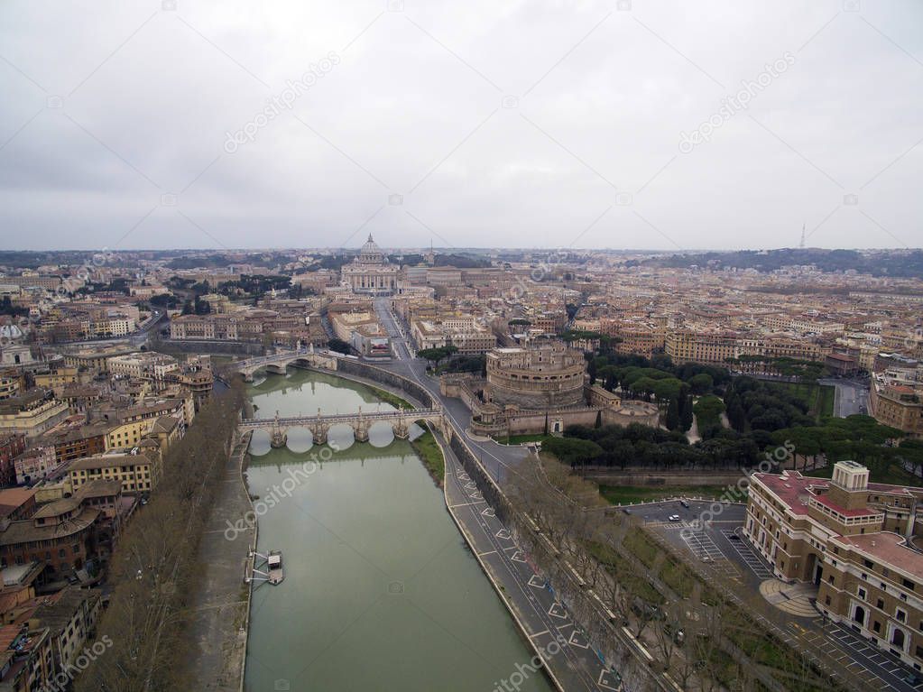 Beautiful aerial view over the City of Rome, Vatican, Castel Sant Angelo fortress and bridge 