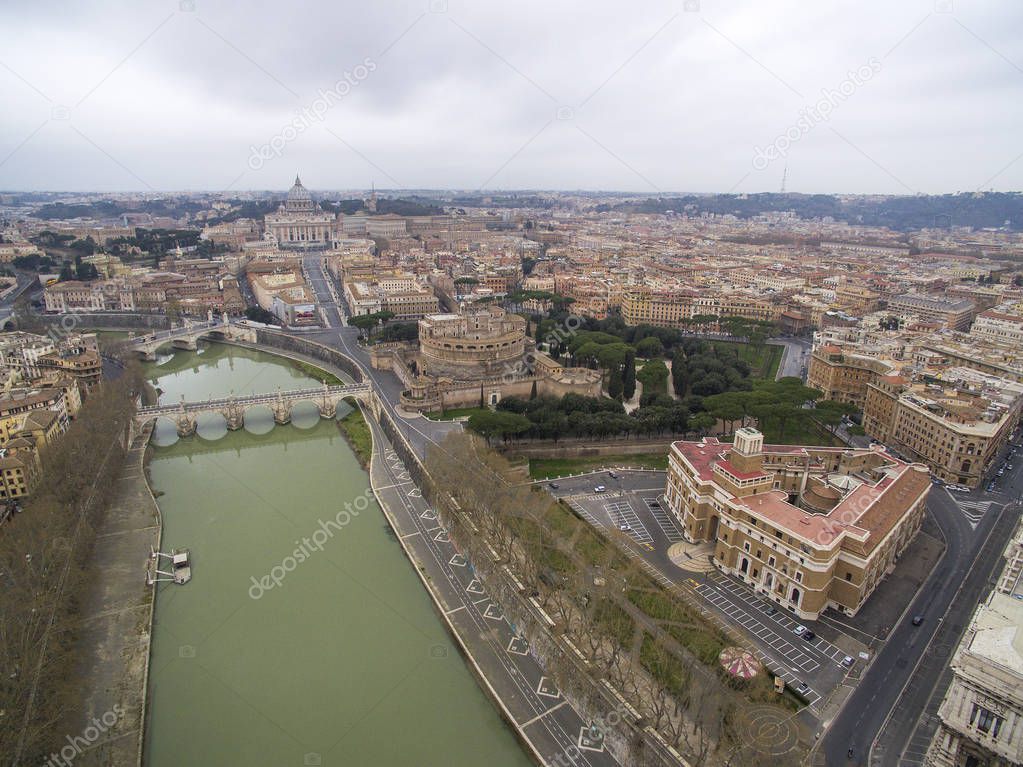 Beautiful aerial view over the City of Rome, Vatican, Castel Sant Angelo fortress and bridge 