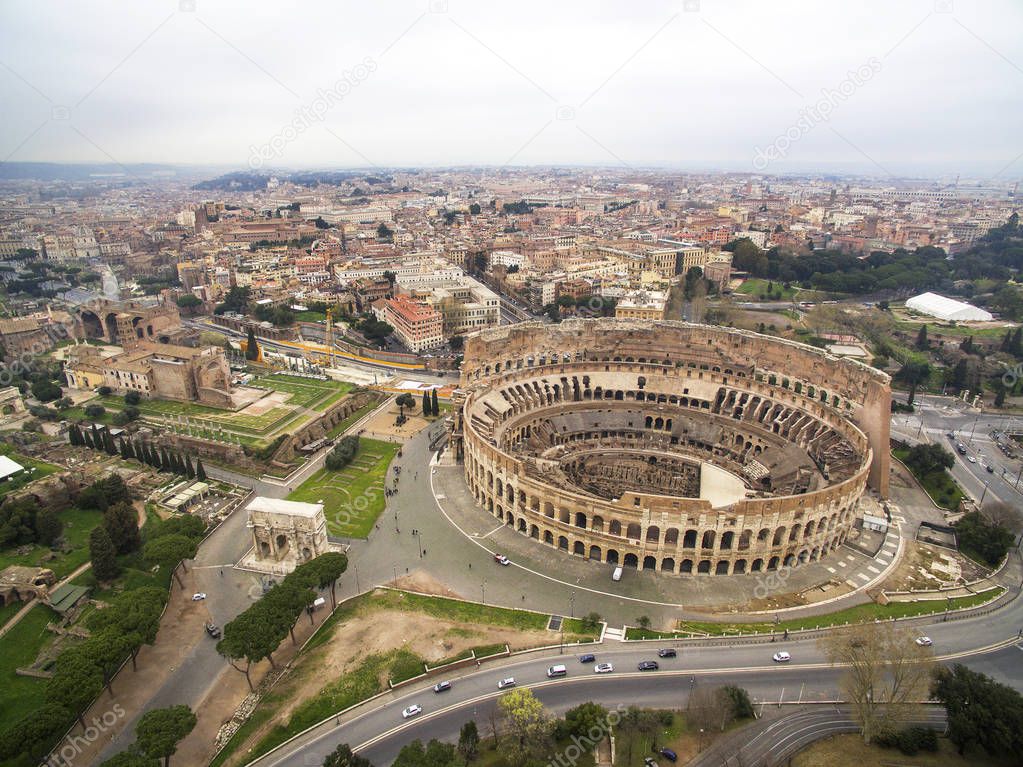 Aerial shot of the Colosseum in Rome, Italy