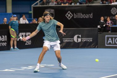 Sofya - Şubat 08.2019: Stefanos Tsitsipas(Gre) çalış, Sofia, Bulgaristan için Atp Sofia açık Turnuvası üzerinde 05 Şubat 2019 - görüntü