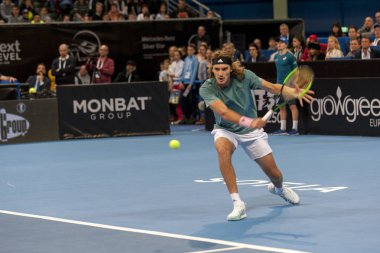 Sofya - Şubat 08.2019: Stefanos Tsitsipas(Gre) çalış, Sofia, Bulgaristan için Atp Sofia açık Turnuvası üzerinde 05 Şubat 2019 - görüntü