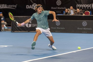 Sofya - Şubat 07.2019: Stefanos Tsitsipas(Gre) çalış, Sofia, Bulgaristan için Atp Sofia açık Turnuvası üzerinde 05 Şubat 2019 - görüntü
