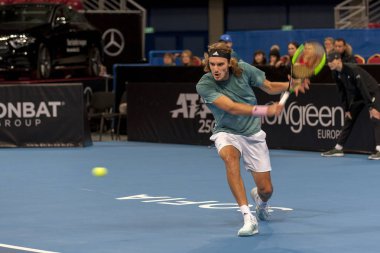 Sofya - Şubat 07.2019: Stefanos Tsitsipas(Gre) çalış, Sofia, Bulgaristan için Atp Sofia açık Turnuvası üzerinde 05 Şubat 2019 - görüntü