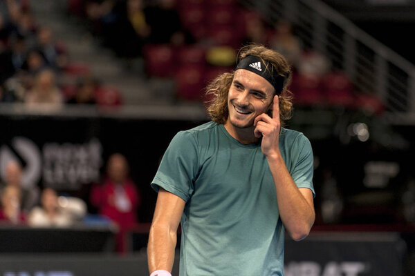 SOFIA - FEBRUARY 07.2019: Stefanos Tsitsipas(GRE) plays at the ATP Sofia Open tournament in Sofia, Bulgaria on February 05, 2019 - Image