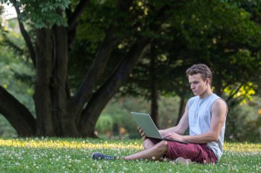 Parktaki genç adam çimlerin üzerinde dizüstü bilgisayarla oturuyor..