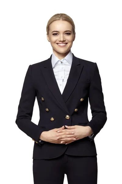 Cheerful young woman in a dark business suit — Stock Photo, Image