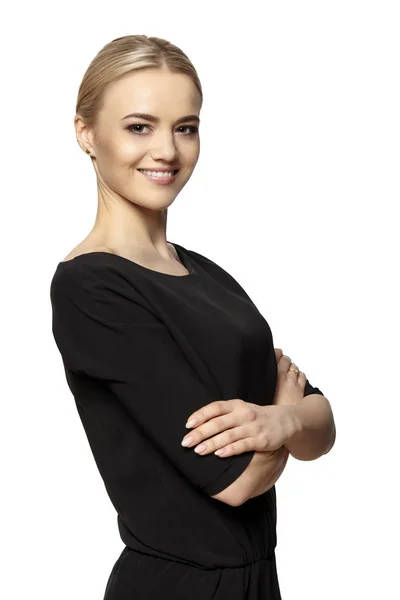 Aantrekkelijke vrouw in zwarte jurk Rechtenvrije Stockfoto's