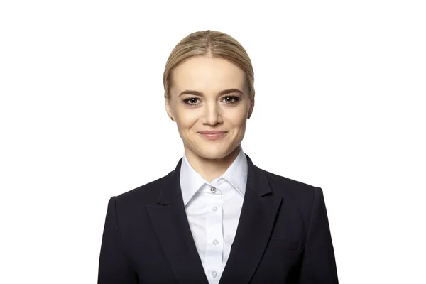 Lachende blonde in Business outfit Stockfoto