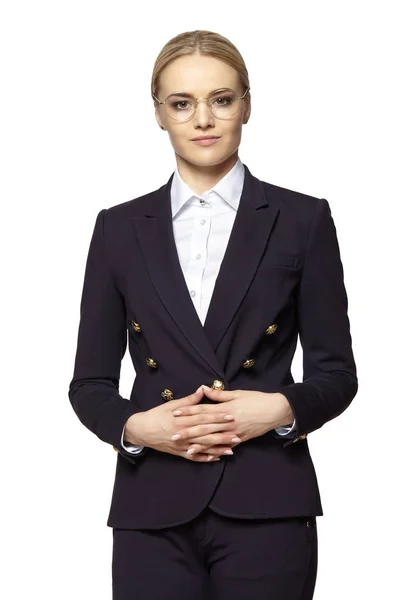 예쁜 금발의 여자 에 비즈니스 복장 스탠드 와 접힌 된 손 스톡 사진