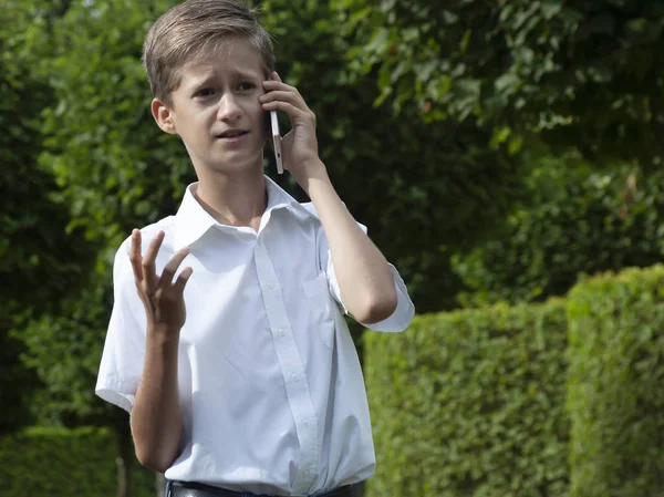 the boy emotionally speaks in the park by phone in summer day