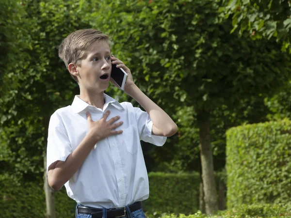 少年は 感情的に公園で電話で話す夏の日 — ストック写真