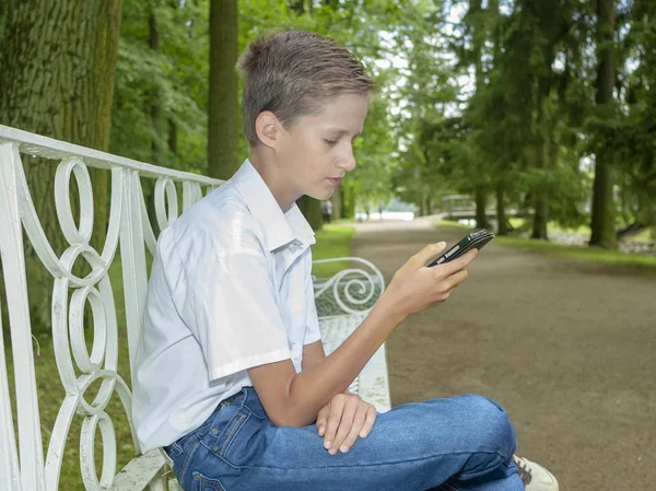 the boy plays in phone in the park in clear summer day