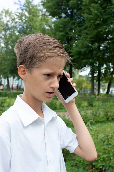少年は 感情的に公園で電話で話す夏の日 — ストック写真