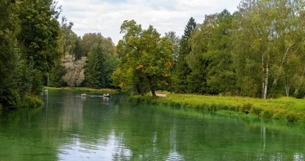 Panorama Parku Řekou Malé Městě Pavlovsk Jasný Letní Den — Stock fotografie