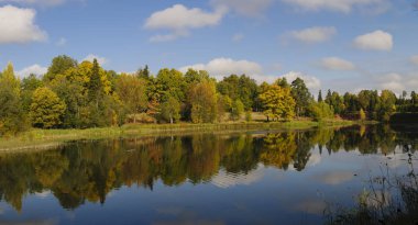Açık günde sonbahar nehir kıyısında güzel panorama