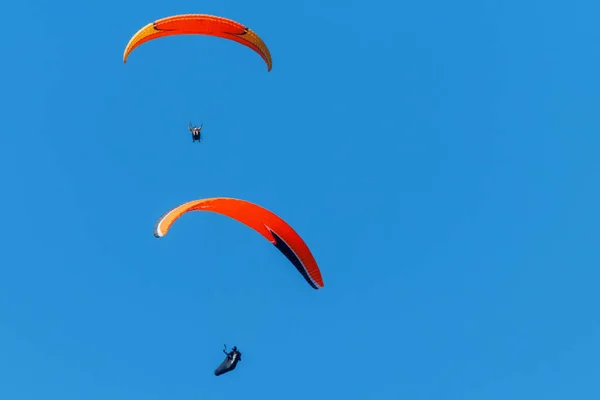 Deux Personnes Volent Sur Parapente Contre Ciel Bleu Par Une — Photo