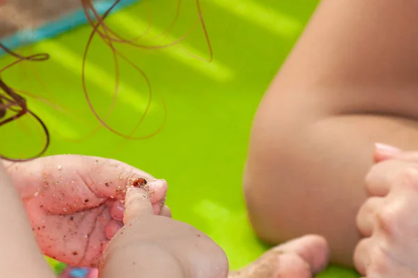 Une Petite Fille Avec Mère Considère Coccinelle Sur Son Doigt — Photo