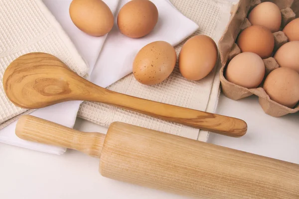 Overhead View Eggs Towels Kitchen Tools Table — Stock Photo, Image