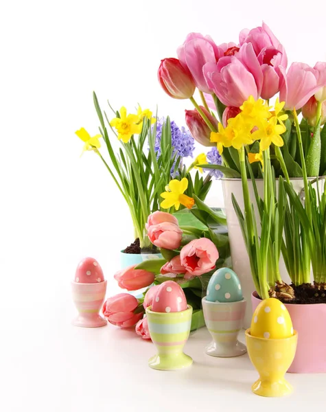 Святкові весняні квіти та яйця на Великдень — стокове фото
