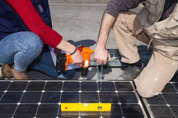 Técnicos Cualificados Que Trabajan Una Planta Fotovoltaica —  Fotos de Stock