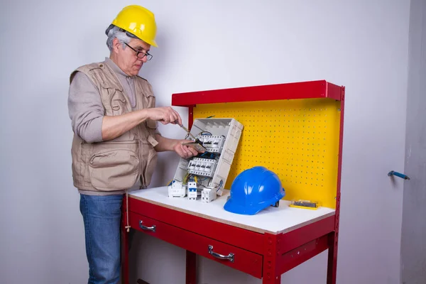 Electrician Fixing Electrical Devices Different Tools — Stock Photo, Image