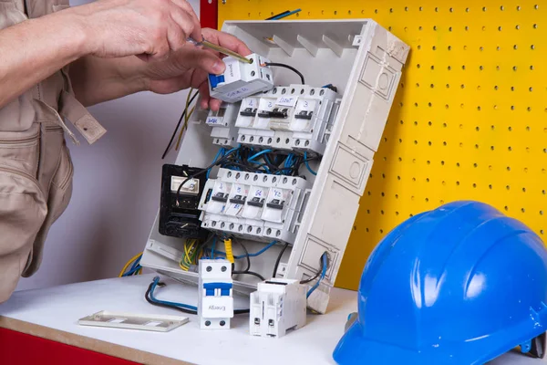 Electrician Fixing Electrical Devices Different Tools — Stock Photo, Image