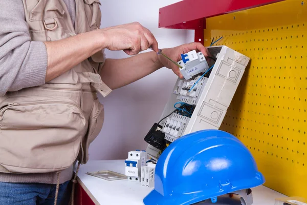 Electrician Fixing Electrical Devices Different Tools — Stock Photo, Image