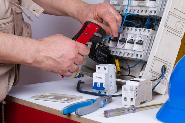 Electrician Fixing Electrical Devices Different Tools — Stock Photo, Image