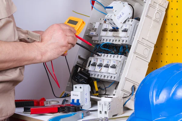 Electrician Fixing Electrical Devices Different Tools — Stock Photo, Image