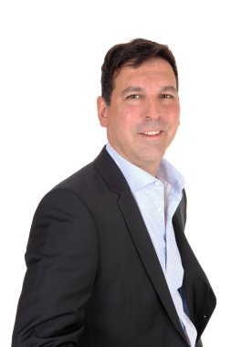 İnt gülümseyen bir yakışıklı orta yaş erkek takım elbiseli, görüntüsünü yakından