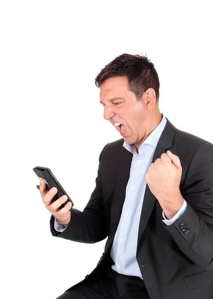 Very Angry Man Holding His Cell Phone Screaming Makin — Stock Photo, Image