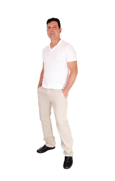 Hombre Alto Guapo Mediana Edad Pie Pantalones Beige Blanco — Foto de Stock