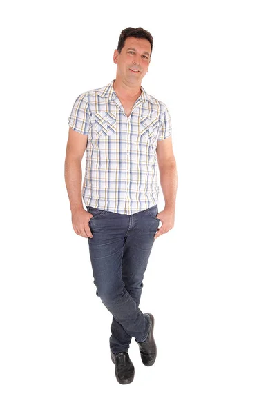 Lång Stilig Man Stående Jeans Och Rutig Skjorta Med Hej — Stockfoto