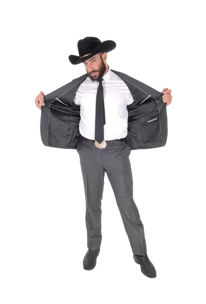 Bel Homme Debout Dans Costume Gris Chapeau Cow Boy Ouvre — Photo