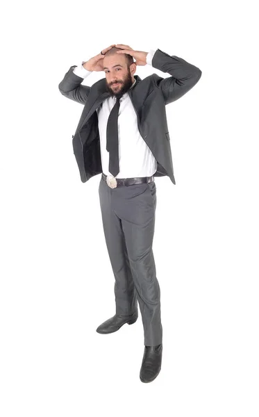 Hombre Negocios Guapo Alto Pie Con Traje Gris Corbata Mano —  Fotos de Stock