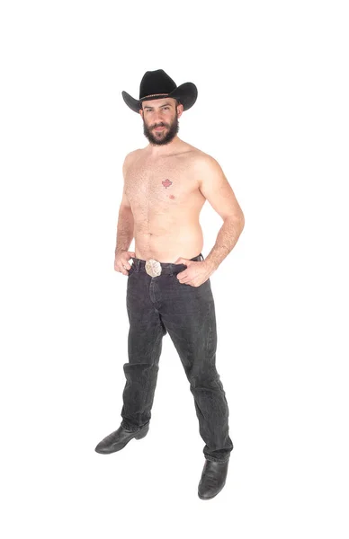 Bonito Homem Sem Camisa Vestindo Chapéu Cowboy Preto — Fotografia de Stock