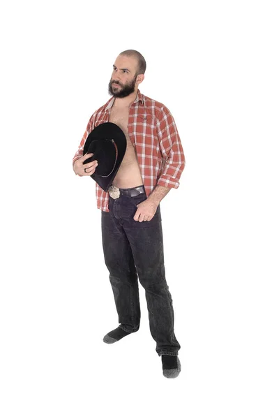 Una Imagen Cuerpo Completo Hombre Con Una Camisa Cuadros Abierta — Foto de Stock