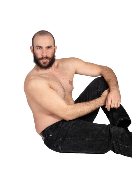 Een Sexy Knappe Man Zonder Een Shirt Zitten Zwarte Jeans — Stockfoto