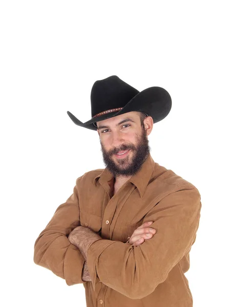 Homem Bonito Feliz Uma Camisa Marrom Chapéu Cowboy Preto — Fotografia de Stock