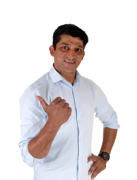 Happy Looking Man Blue Shirt Standing Pointing — Stock Photo, Image