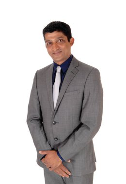 Bir bel yakışıklı bir işadamı bir gri takım elbise ve blu görüntü