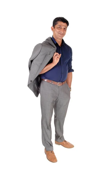 Joven Hombre Negocios India Oriental Pie Traje Gris Con Jacke — Foto de Stock