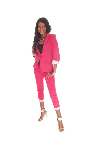 Gorgeous African Woman Standing Pink Suit Long Curl — Stock Photo, Image