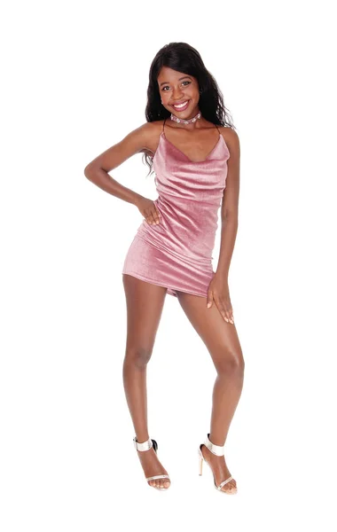 Beautiful Young African Woman Standing Short Pink Dress — Stock Photo, Image