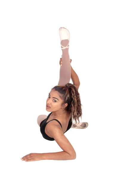 Una Giovane Donna Magra Abito Balletto Seduta Sul Pavimento Con — Foto Stock
