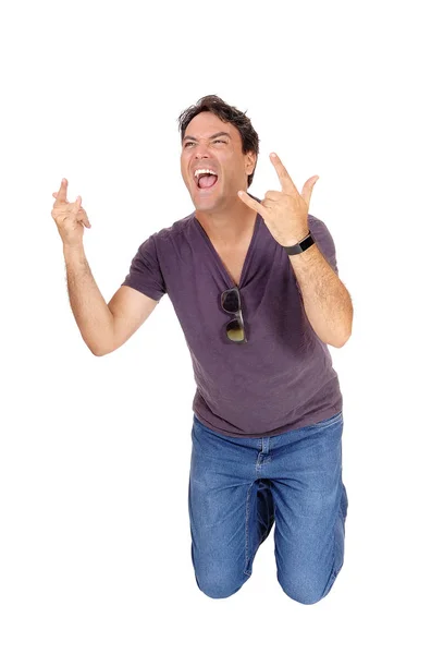 Tall Man Jeans Kneeling Floor Screaming Showing — Stock Photo, Image